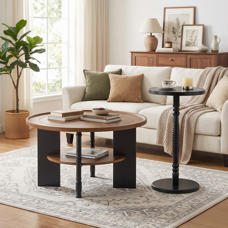 Ensemble de 2 tables basses rondes avec tablette de rangement et table d'appoint sur pied