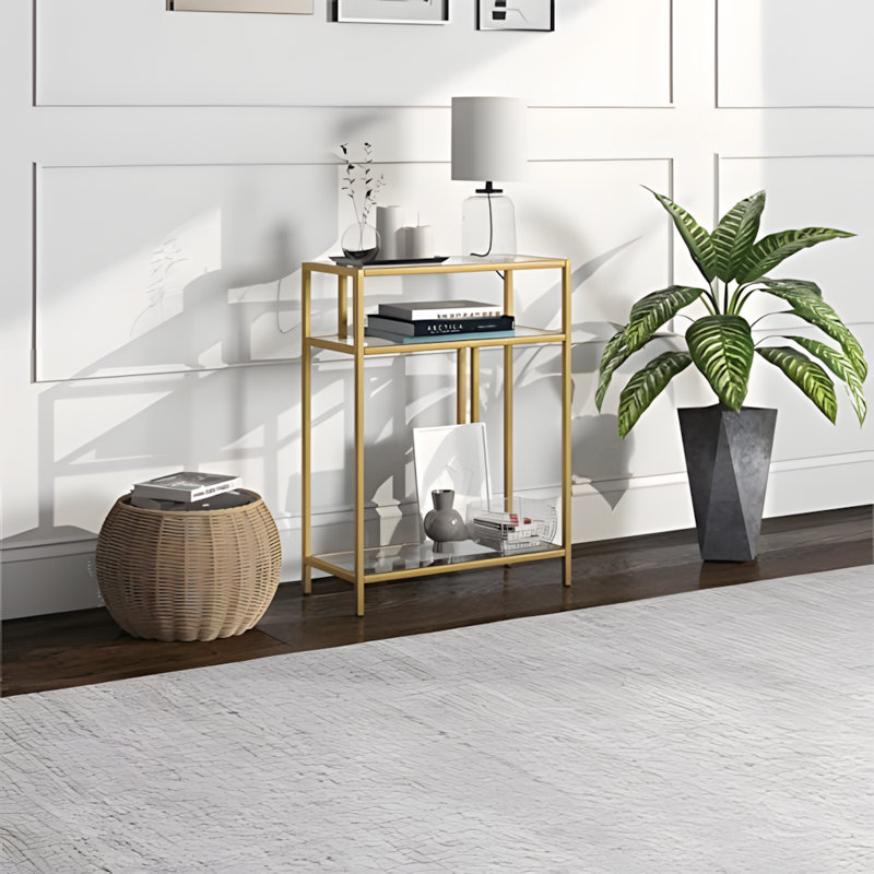 Modern Rectangular Console Table With Tempered Glass Shelves And Steel Frame, Entryway Accent Table For Living Room Or Hallway