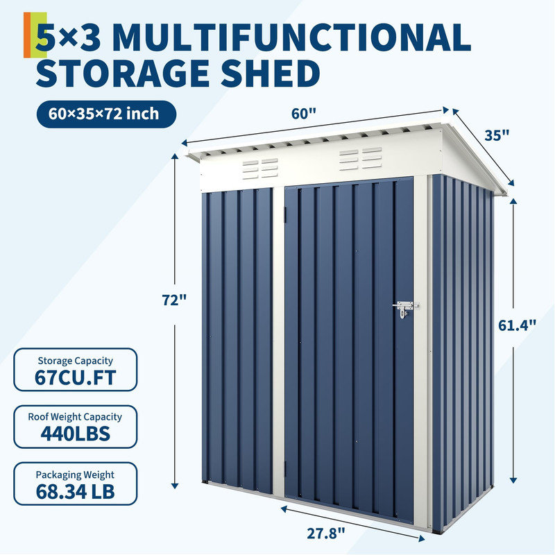 5x3 FT Heavy Duty Metal Outdoor Storage Shed with Sloped Roof and Lockable Door, Weatherproof Compact Tool Organizer for Backyard, Garden, Patio