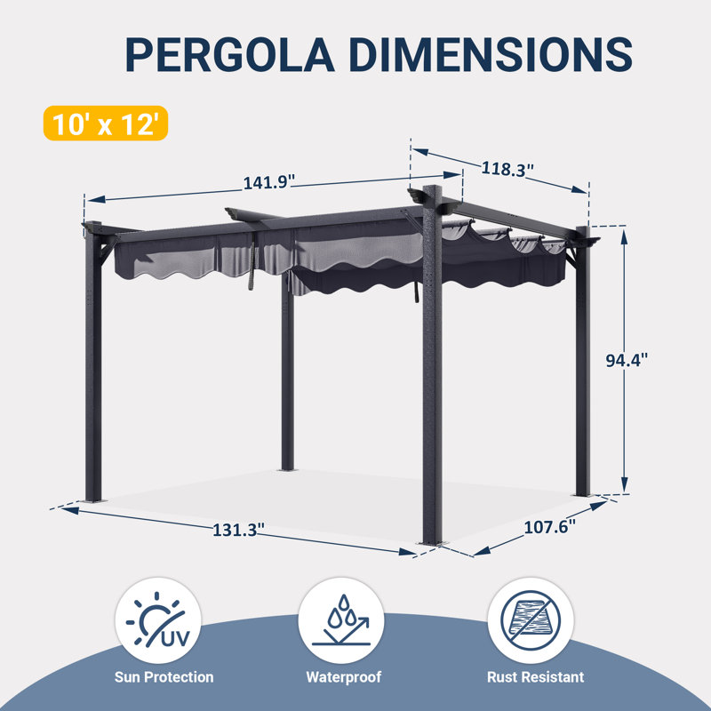 12 ft. W x 10 ft. D Outdoor Aluminum Pergola with Retractable Canopy and Anchoring Base