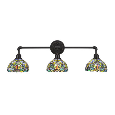 Vintage 3 Light Bath Bar Shown In Dark Granite Finish with 7" Kaleidoscope Art Glass