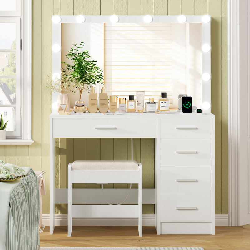 Coiffeuse avec lumières et tabouret Jaq, Blanc
