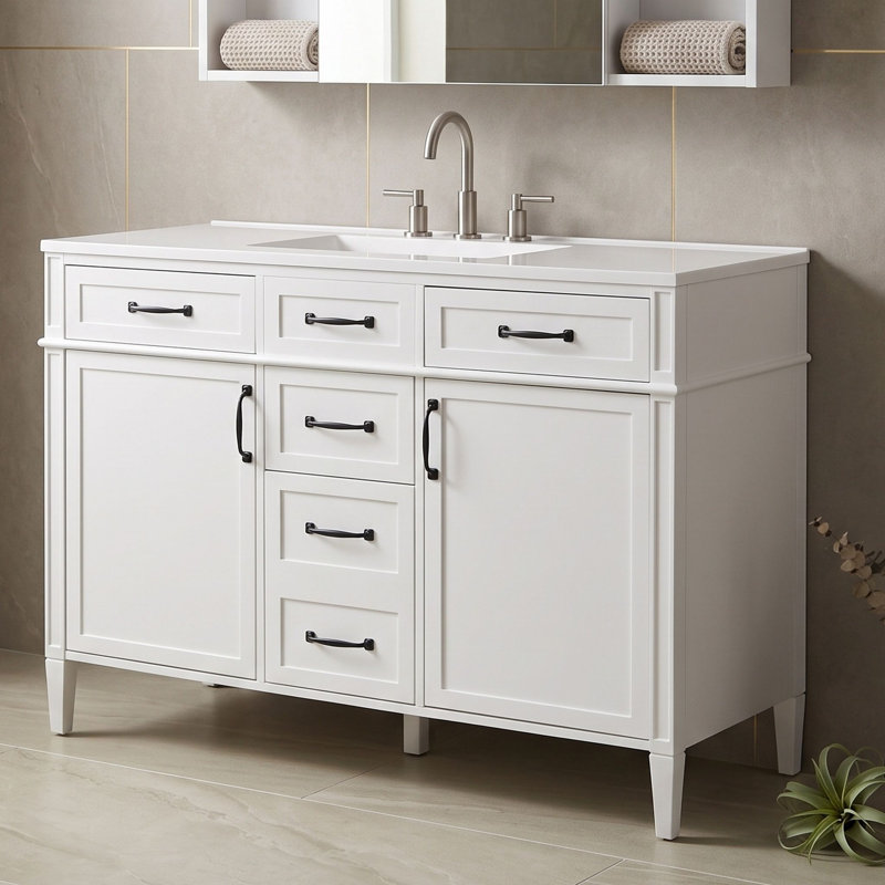 Armoire de meuble-lavabo 48 po avec comptoir en composite, 4 tiroirs et tablettes réglables, White