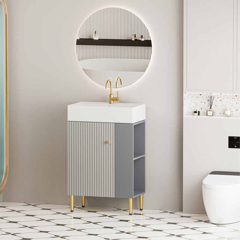Meuble-lavabo à tablettes ouvertes avec lavabo en céramique, porte à fermeture en douceur, tablette de rangement à droite, assemblage requis