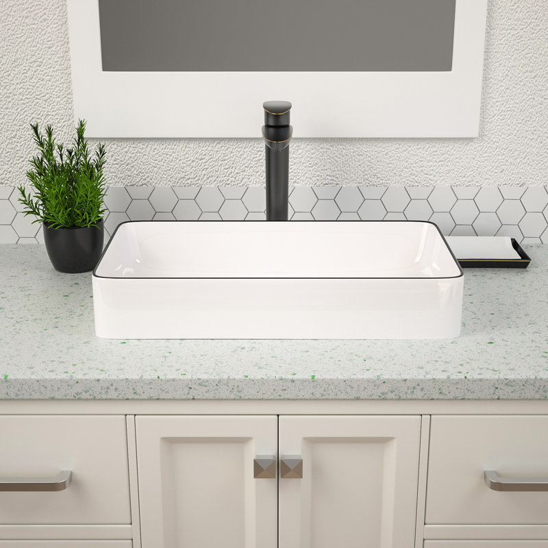 24" White Ceramic Rectangular Vessel Sink with Black Rim