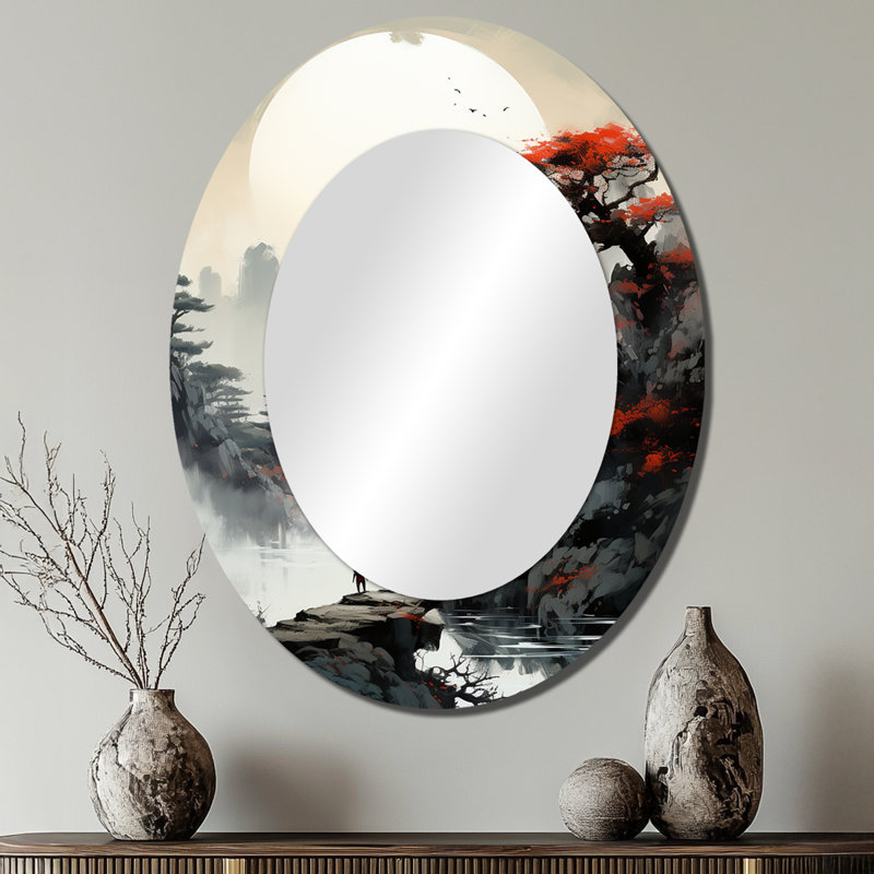 Asian Art Samurais Landscape III - Mid-Century Modern Oval Wall Mirror, 40" x 30"