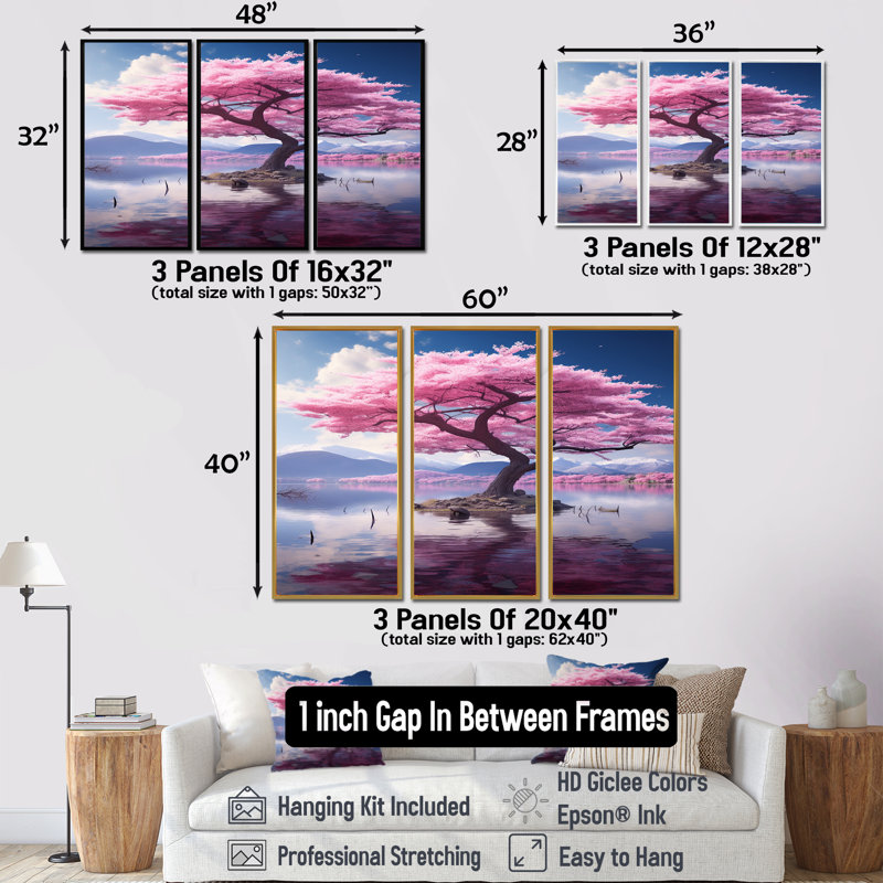 Majestic Cherry Blossom Tree In Mountain Lake - Tree Cherry Blossom Wall Art Set, Brown Floater Framed, 40" H x 60" W x 1" D