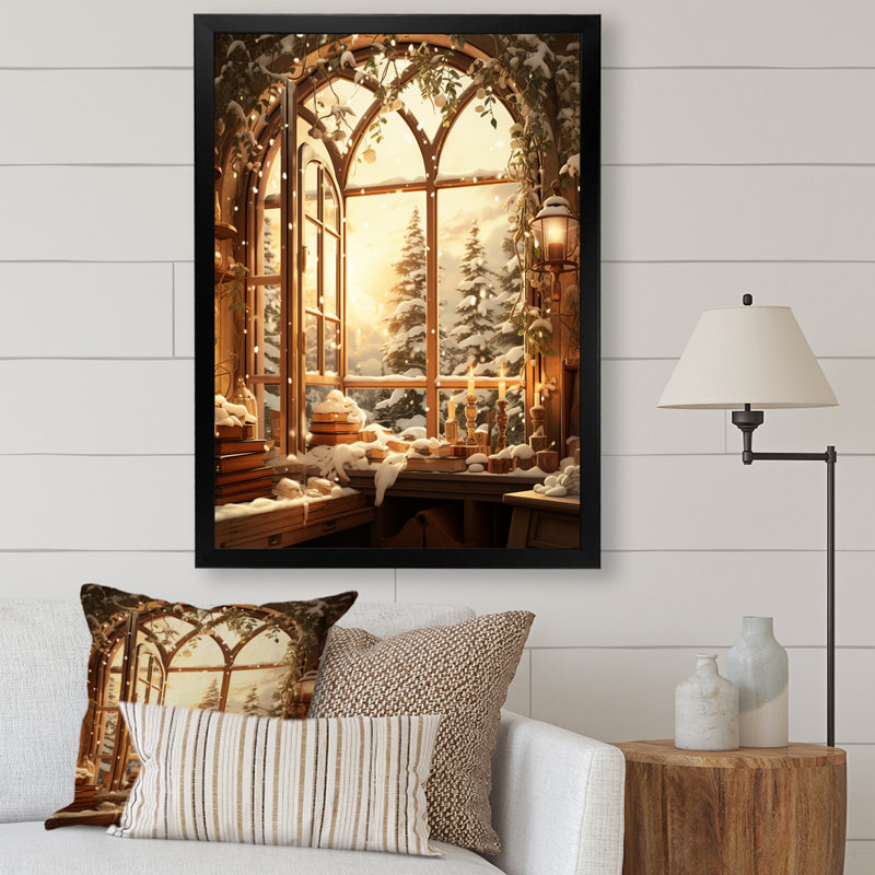 «Christmas Winter Window View I - Winter Landscape», impressions sur toile, H 20 po x l 12 po x P 1 po, Cadre simple noir