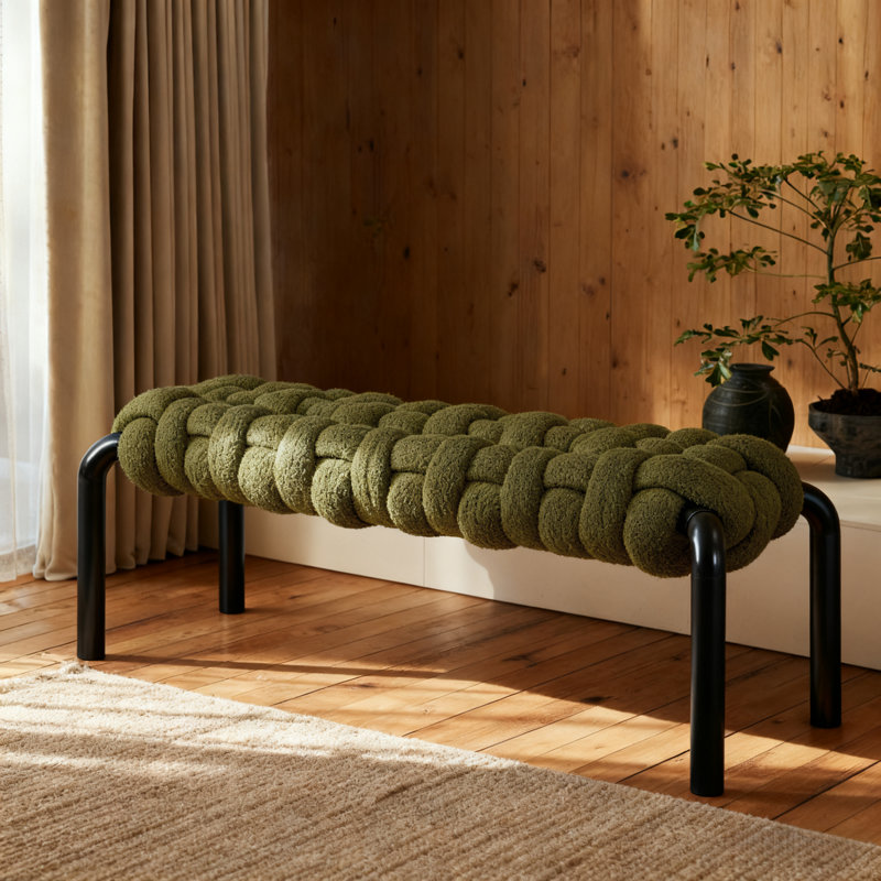 47'' Teddy Braided Fabric Upholstered End Of Bed Bench, Olive Green