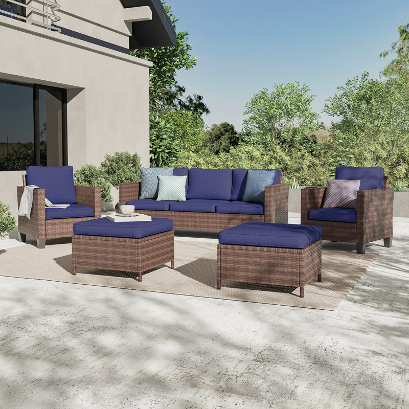 Kinsela 5 - Person Outdoor Conversation Set with Cushions, Brown/Navy