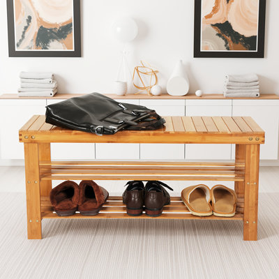 Strip Pattern Wood-color Bamboo Shoe Rack - Dual-purpose Organizer & Shoe-wearing Stool