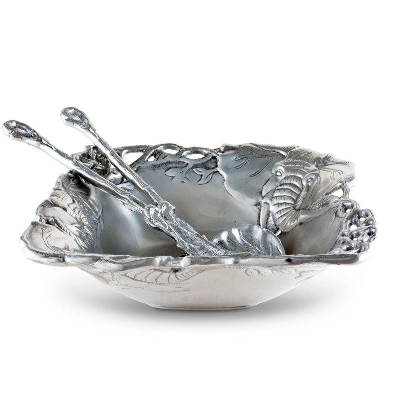 Arthur Court Elephant Aluminum Salad Bowl with Serving Spoons