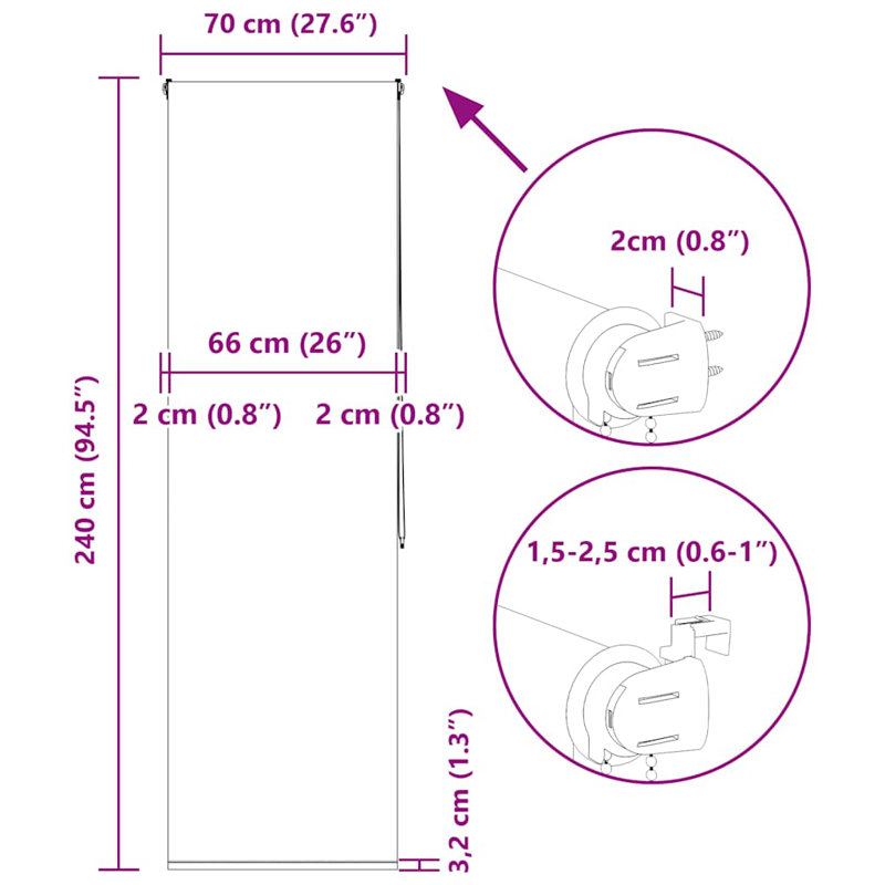 Room Darkening Roller Blind, 70cmW x 240cmL