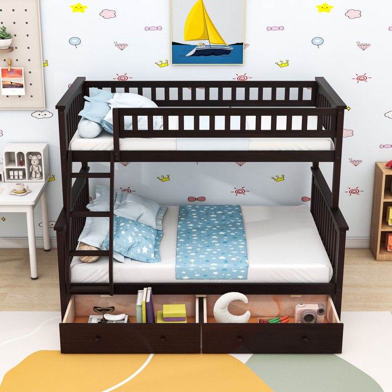 Lit superposé convertible au-dessus d'un lit double en bois avec tiroirs, Espresso