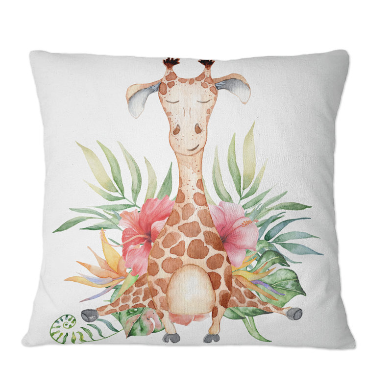Dessin de girafe avec fleurs tropicales III - Coussin décoratif pour enfants, 16 po x 16 po