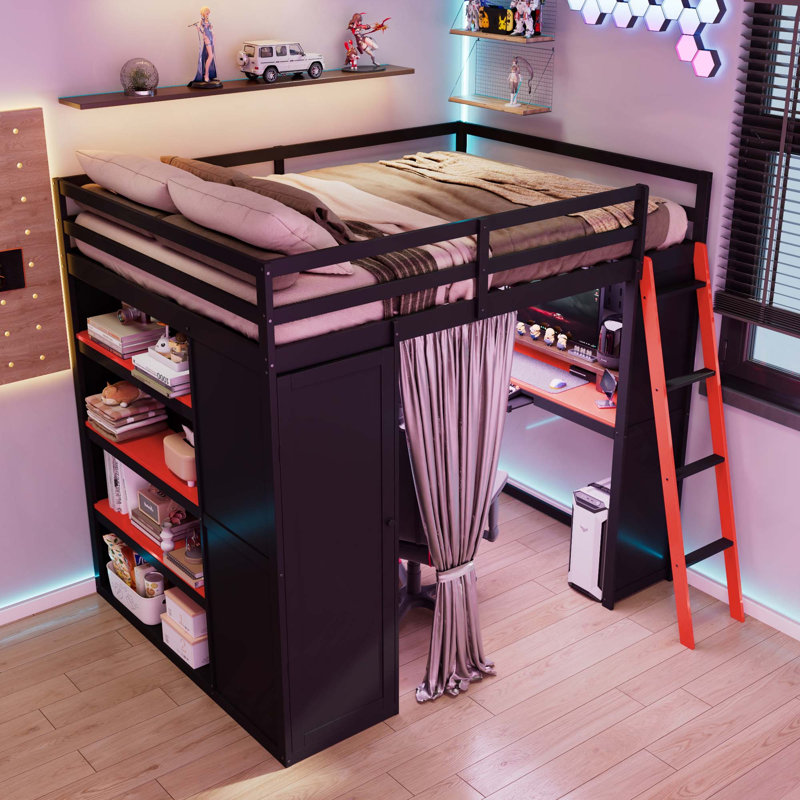 Lit mezzanine double en bois avec garde-robe, tablettes, rideaux occultants et lumières RVB, Black/Red