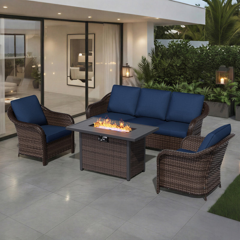 5-Person Outdoor Patio Conversation Rattan Seating Group With 50000BTU Fire Pit Table,2 Single Chair and Dark Blue Cushions