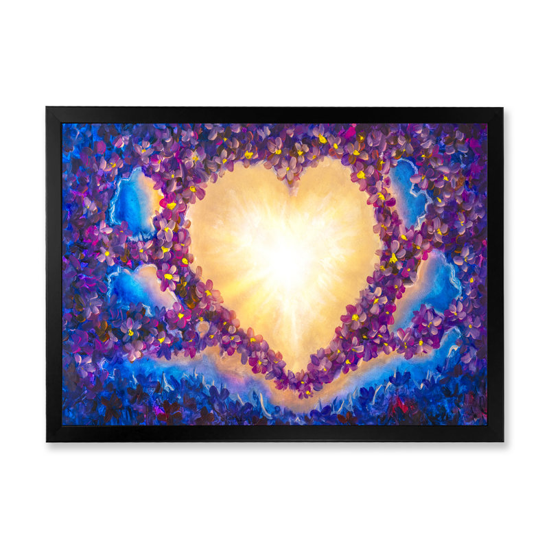 «Heart Space Romantic In Purple Flowers On Blue», reproduction sur toile flottante, H 8 po x l 12 po x P 1 po, Cadre noir