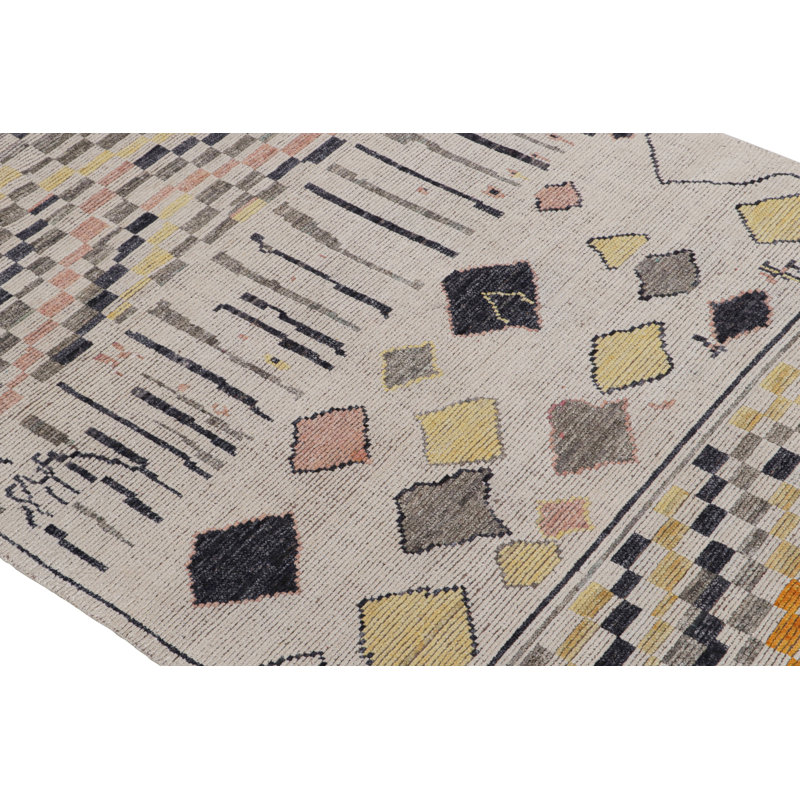 Rug & Kilim’S Moroccan Rug In White With Black And Gold Geometric Pattern, Rectangle 5' x 7'