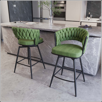 26 tabouret de bar rotatif tissé en lin - Pieds en métal noir avec tissu vert