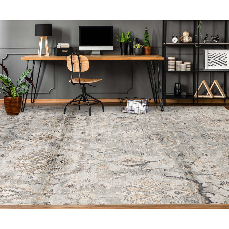 Tapis gris / ivoire en viscose Himalayan, Rectangle 7 pi 7 po x 9 pi 9 po