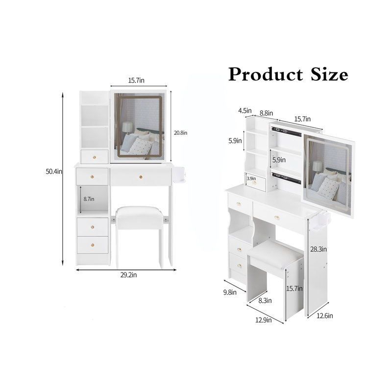 Vanity Table With 1 Stool, White
