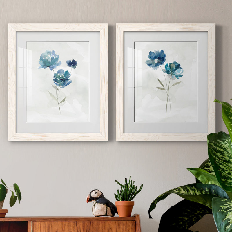 «Blue Botanical I», ensemble de 2 reproductions d'art, H 20 po x l 17 po x P 1 po, Papier encadré blanc, Blanc