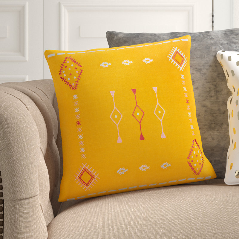 Decatur Embroidered Down Throw Pillow, Mustard/Dusty Pink/Pale Blue, 18" x 18", Down