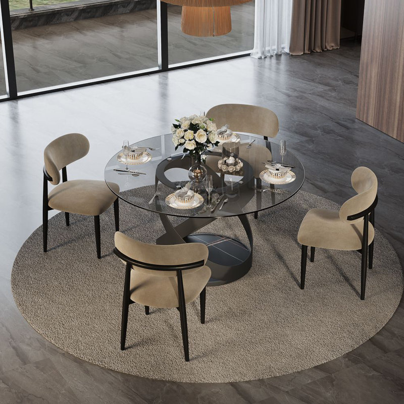  Table de salle à manger ronde moderne avec base à piédestal, base en acier au carbone pré-assemblée, Gris, Noir