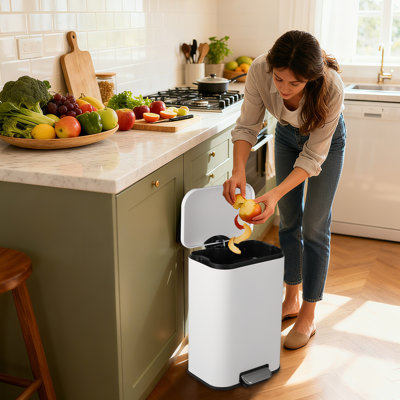 3.2 Gallon Commercial Trash Can, Fingerprint-Proof Stainless Steel Garbage Can for Kitchen with Soft-Close Lid & Foot Pedal , Space Saving Design for Home Office Restaurant, White