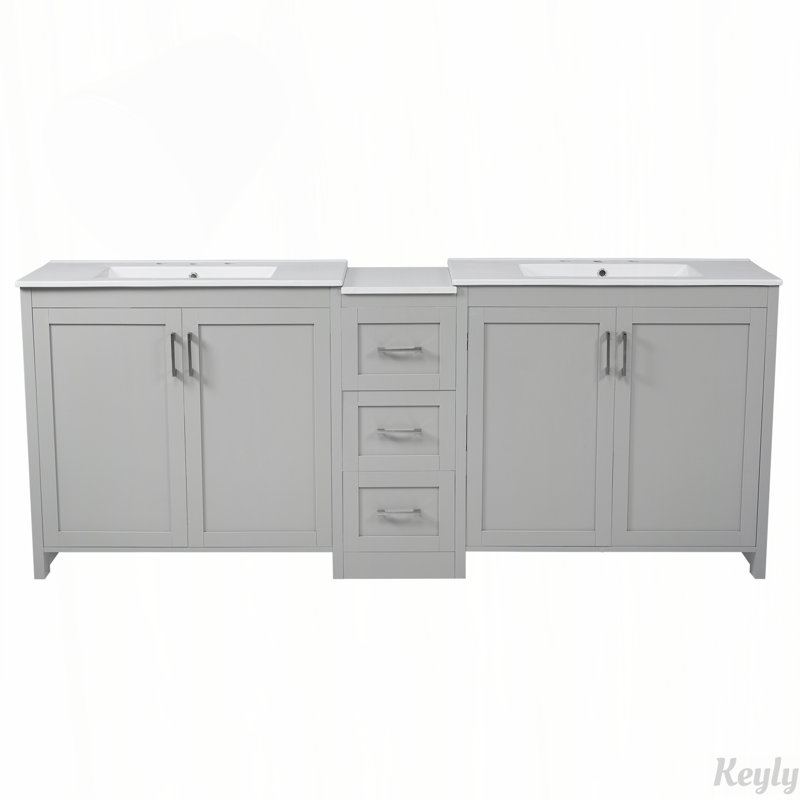 Meuble-lavabo double 84 po, 2 lavabos en céramique et un comptoir en quartz, avec tablettes et tiroirs réglables 84 po, Gris