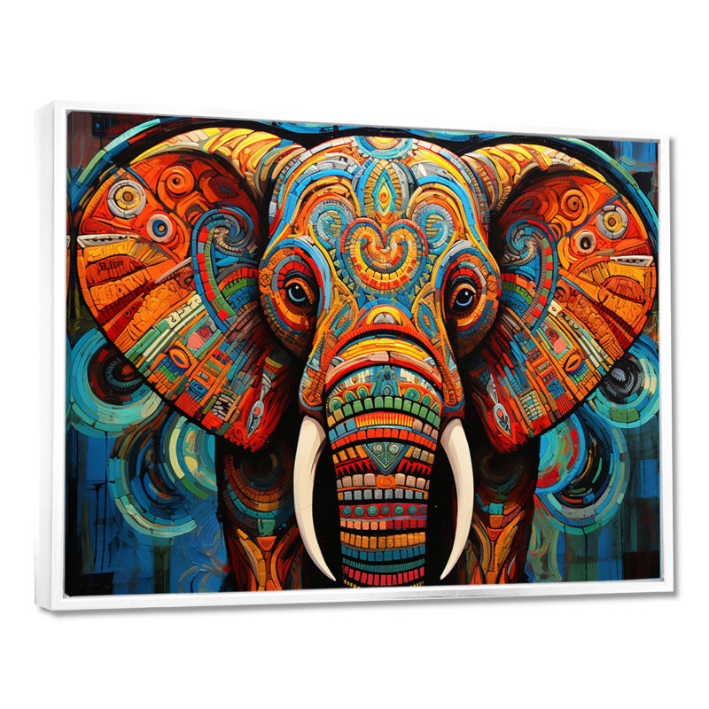 Éléphant Tribal Majesty - Éléphant, art mural, H 12 po x l 20 po x P 1 po, Cadre flottant blanc