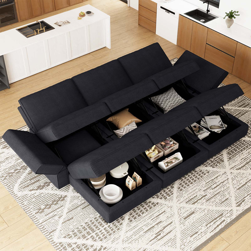 Hursey Rectangle Corduroy Sofa Bed Storage Couch Sleeper Convertible Different Shape Modular Sectional Sofa With Adjustable Armrest Backrest Movable Ottoman