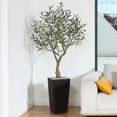 Adcock Artificial Olive Tree UV Resistant with Tall Planter, Faux Olive Tree for Outdoor Decor