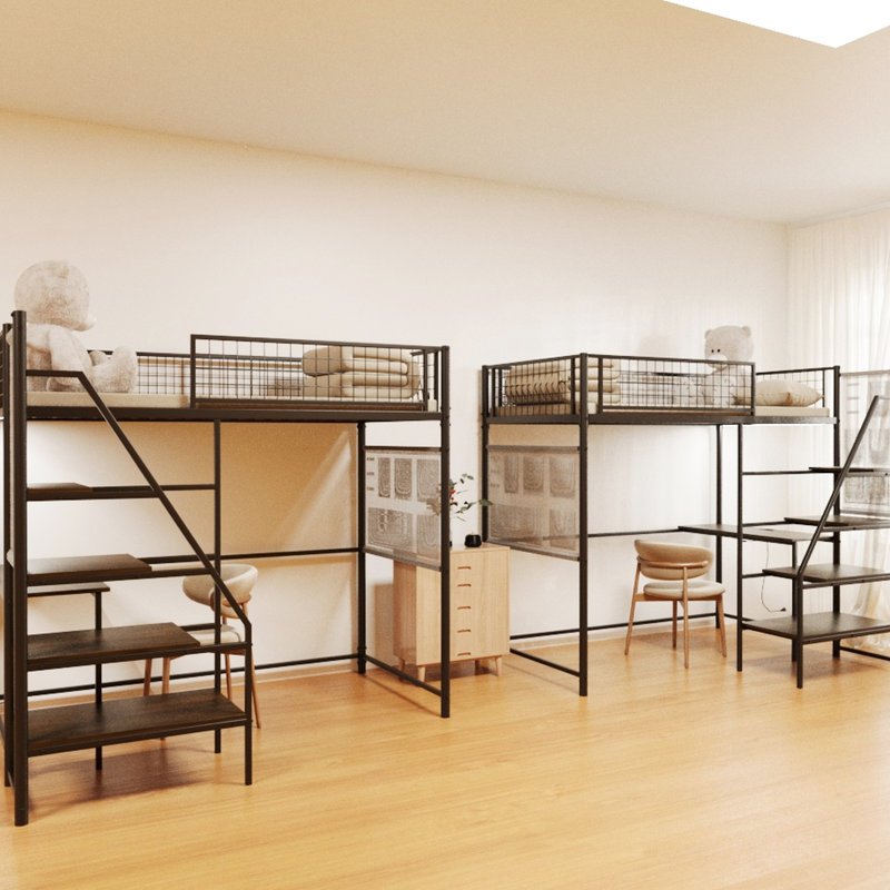 Lit mezzanine simple avec bureau intégré et tablettes de rangement, Noir