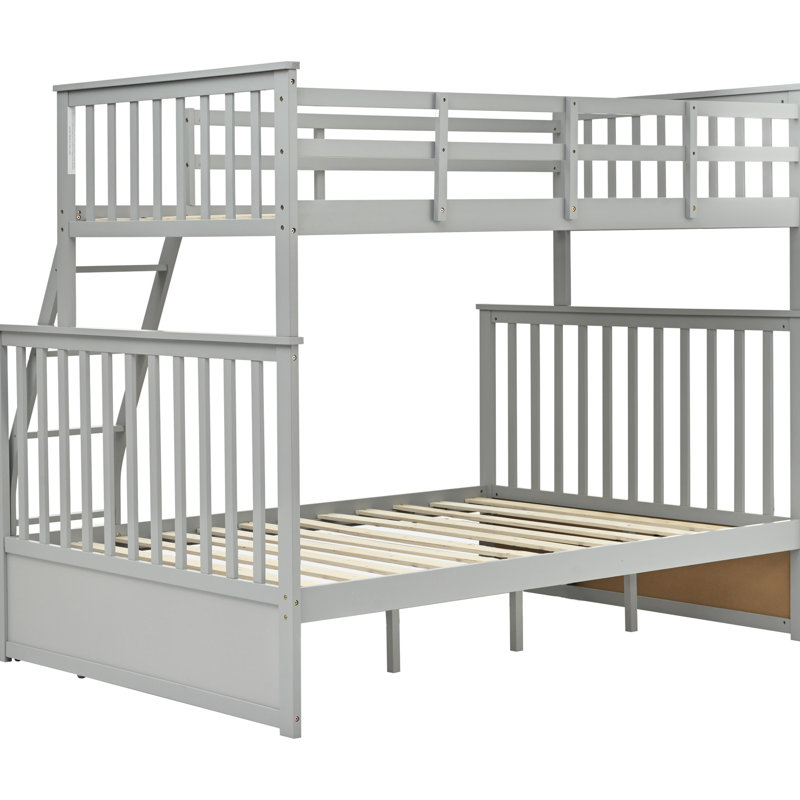 Gray Twin Over Full Bunk Bed In Wood, Featuring And Guard Rails, High - Strength Solid Pine, Easily Divisible Into Two Independent Sleeping Spaces, No Spring Box Needed, Upper With Length Rail,
