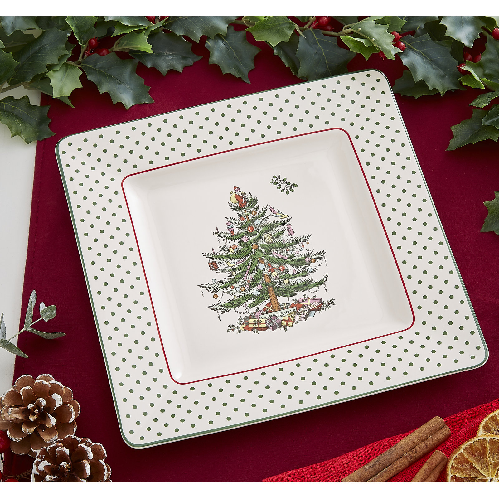 Christmas Tree POLKA DOT SQUARE PLATTER 10"