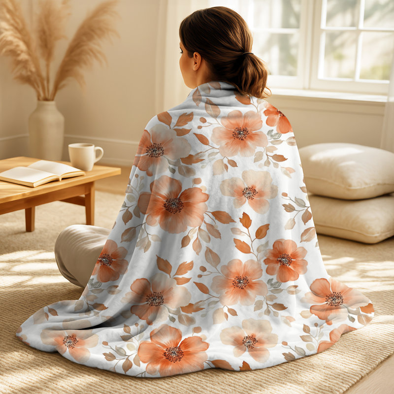 Terra Bloom II – Red Floral Fleece Blanket, Boho Warm Throw, Red/Grey Floral 2