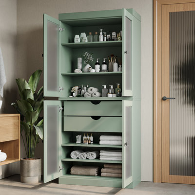 Armoire de rangement autoportante en bois massif l 32 po x H 71,5 po avec portes en verre givré, 2 tiroirs et tablettes réglables - Organisateur de salle de bain moderne