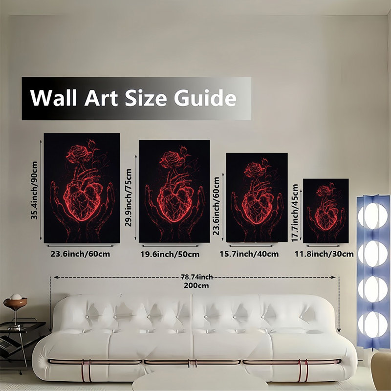 Reproduction sur toile Edgy Neon Red Anatomical Heart & Rose - Urban Studio, 12 * 8 pouces (30 * 20 * 2cm)