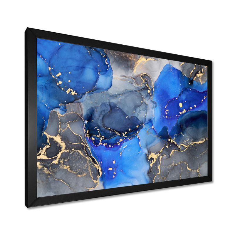«Blue and Black Luxury Abstract Fluid Art I», reproduction d'art sur toile, H 34 po x l 44 po, Impression encadrée, Noir