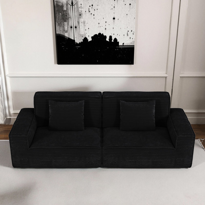 106,3 pouces à grandes rayures, 3 sièges, microfibre noire, rembourrage en mousse souple, style moderne, endroit élégant pour la chambre à coucher, charme des petits coussins,
