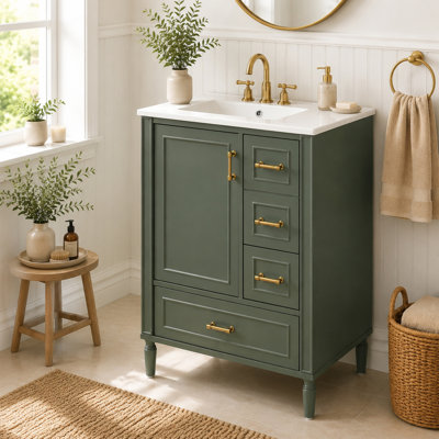 Meuble-lavabo moderne de 24 po avec lavabo en céramique, porte à fermeture en douceur, 3 tiroirs, poignées dorées et support pour rangement compact (ancien SKU: N729P373272F)