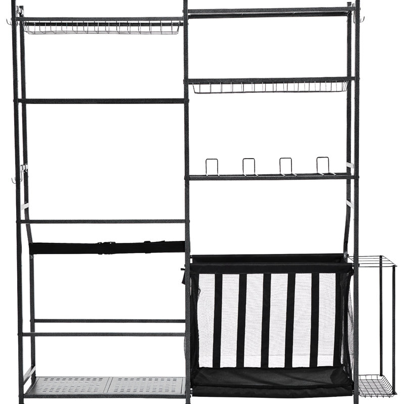 Rangement pour équipement de sport dans le garage, support pour 2 sacs de golf, chariot en acier pour l'extérieur, tablettes avec crochets, noir, conception à grande capacité, construction, solution utilisateur, support, conception multifonctionnelle et réglable