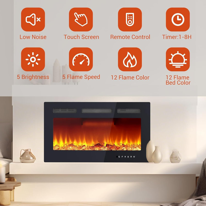 Wall Mount Electric Fireplace, Touch Screen And Remote Control, 12 Flame Colours, 17" H x 40" W x 4.13" D