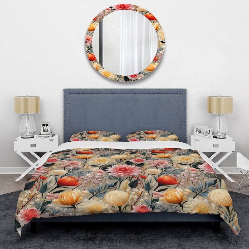 Beige And Pink Poppies Expression - Ensemble de housse de couette éclectique, Housse de couette pour très grand lit et 2 très