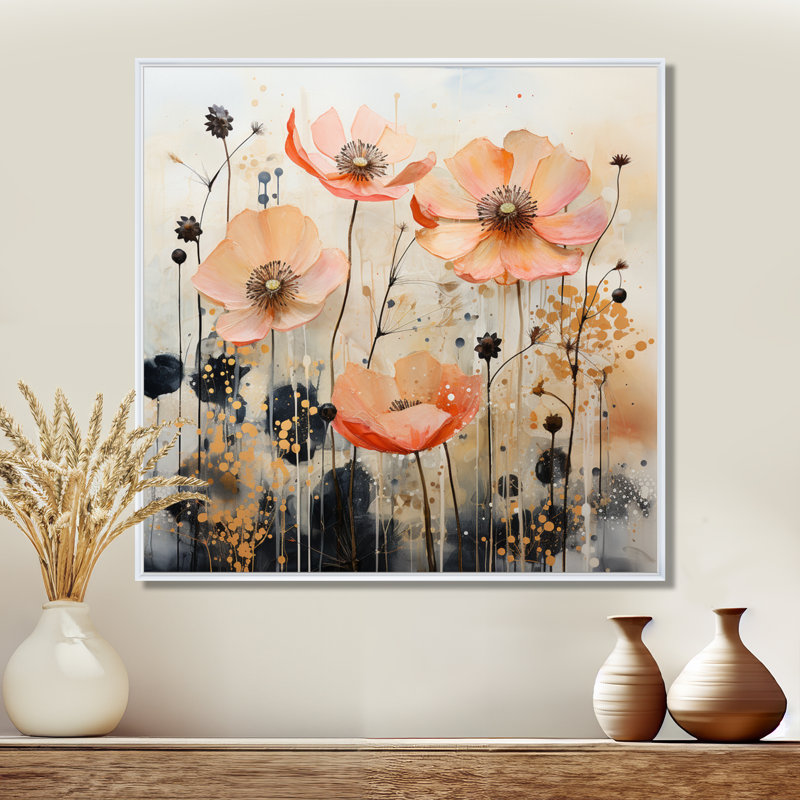 «Peach Blossoming Abstractions I», art mural abstrait sur toile, H 36 po x l 36 po x P 1,5 po, Cadre flottant blanc