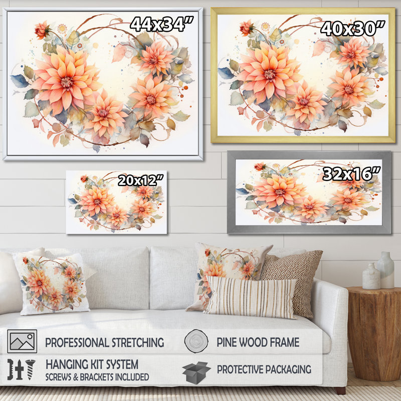 Coral Green Garden Dahlia Palette sur toile, Encadrement doré, H 24 po x l 32 po x P 1 po