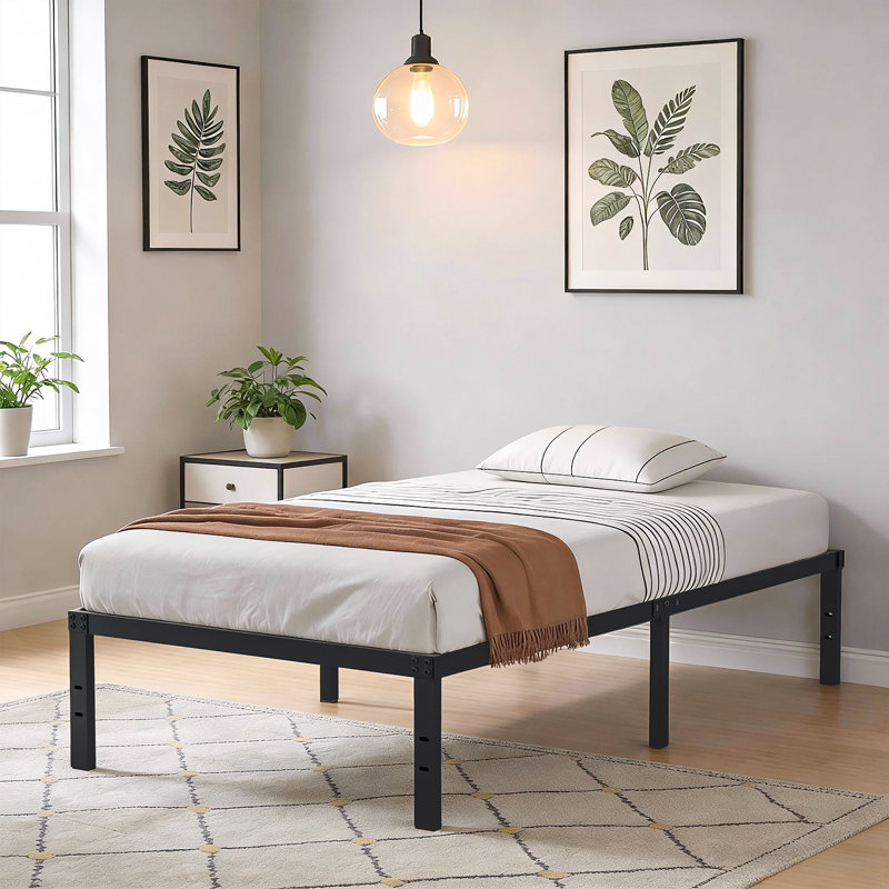Cadre de lit plateforme en métal noir 14 po Ebern, aucun sommier nécessaire, Lit double, 14"