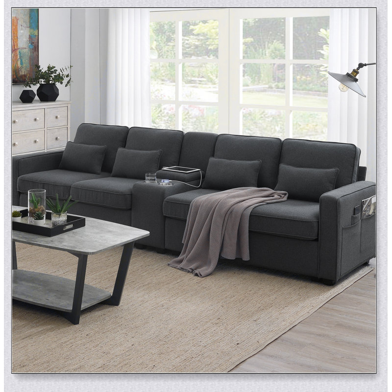 Canapé rembourré de 114,2 po avec table basse et 2 porte-gobelets, 2 ports USB câblés ou rechargés sans fil (4 sièges)
